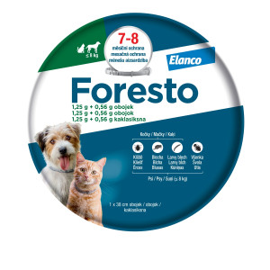 Foresto 1,25 g + 0,56 g pret ērcēm/ blusām kakla siksna kaķiem un suņiem līdz 8 kg 38cm x 2 gab.