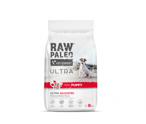 RAW PALEO ULTRA MINI PUPPY - ar liellopu 8kg + DĀVANĀ kaklasiksna un pavada