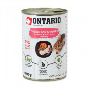 Konservēta barība kaķēniem - Ontario Cat can Chicken with Shrimps flavoured with Sea Buckthorn 400g x 6