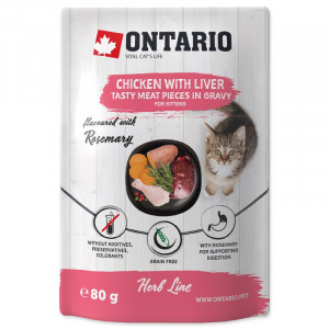 Konservi kaķēniem – Ontario Herb Kitten Chicken with Liver, Sweet Potatoes, Rice and Rosemary, 80g x 6