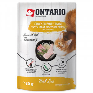 Konservi kaķiem – Ontario Herb Chicken with Ham, Rice and Rosemary, 80g x 6